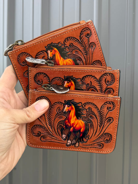 Horse Cowhide Tooled Leather Zipper Pouch