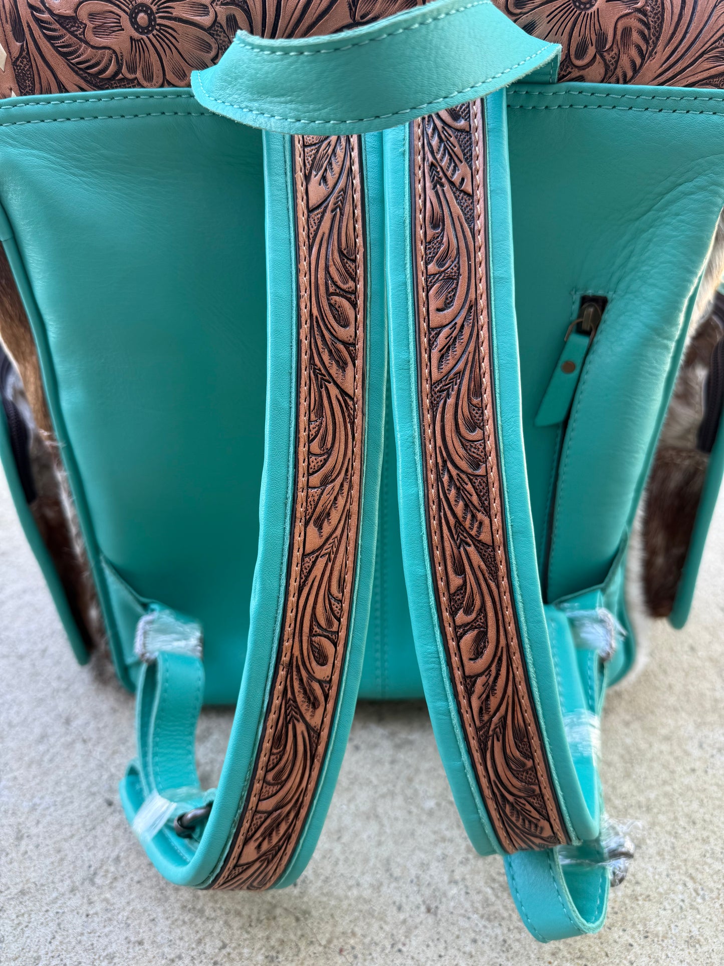 Tooled Leather Turquoise Speckled Brown Cowhide Backpack / Diaper Bag