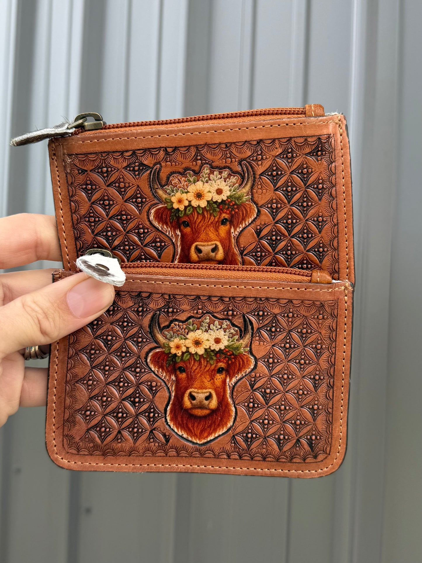 Highland Cow Cowhide Tooled Leather Zipper Pouch