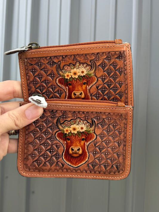 Highland Cow Cowhide Tooled Leather Zipper Pouch