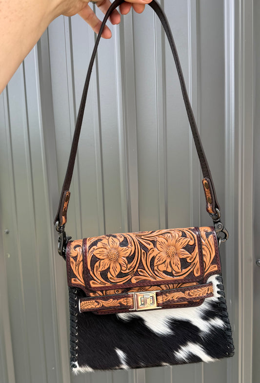 Brown Tooled Genuine Black Cowhide Purse