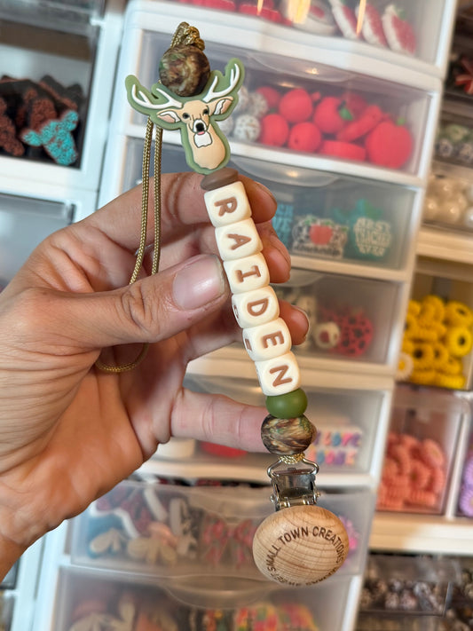 Green Camo Deer Custom Name Beige Letters Pacifier Holder