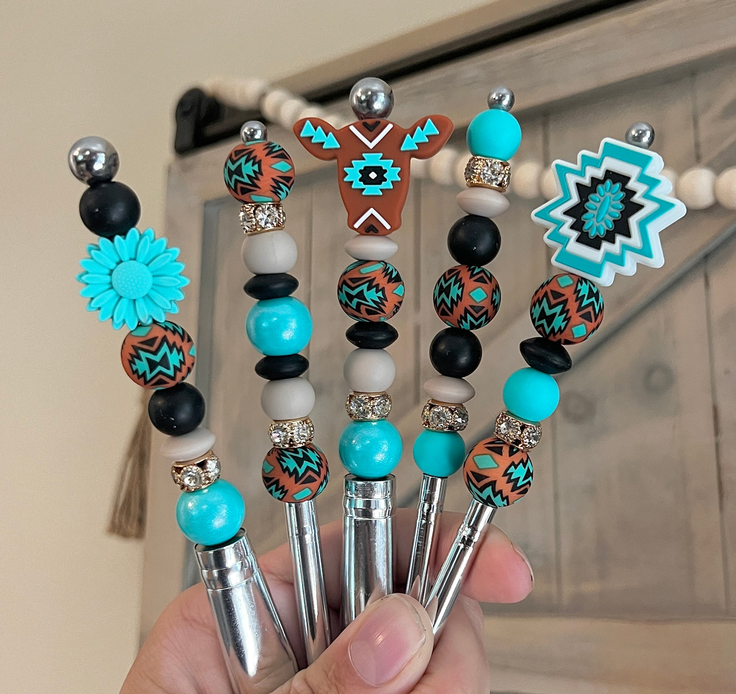 Rust Turquoise Aztec Cow Makeup Brush Set