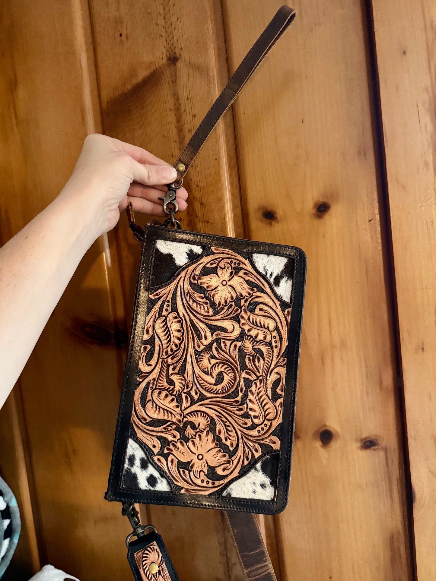 Genuine Cowhide Crossbody / Wristlet Tooled Leather Bag