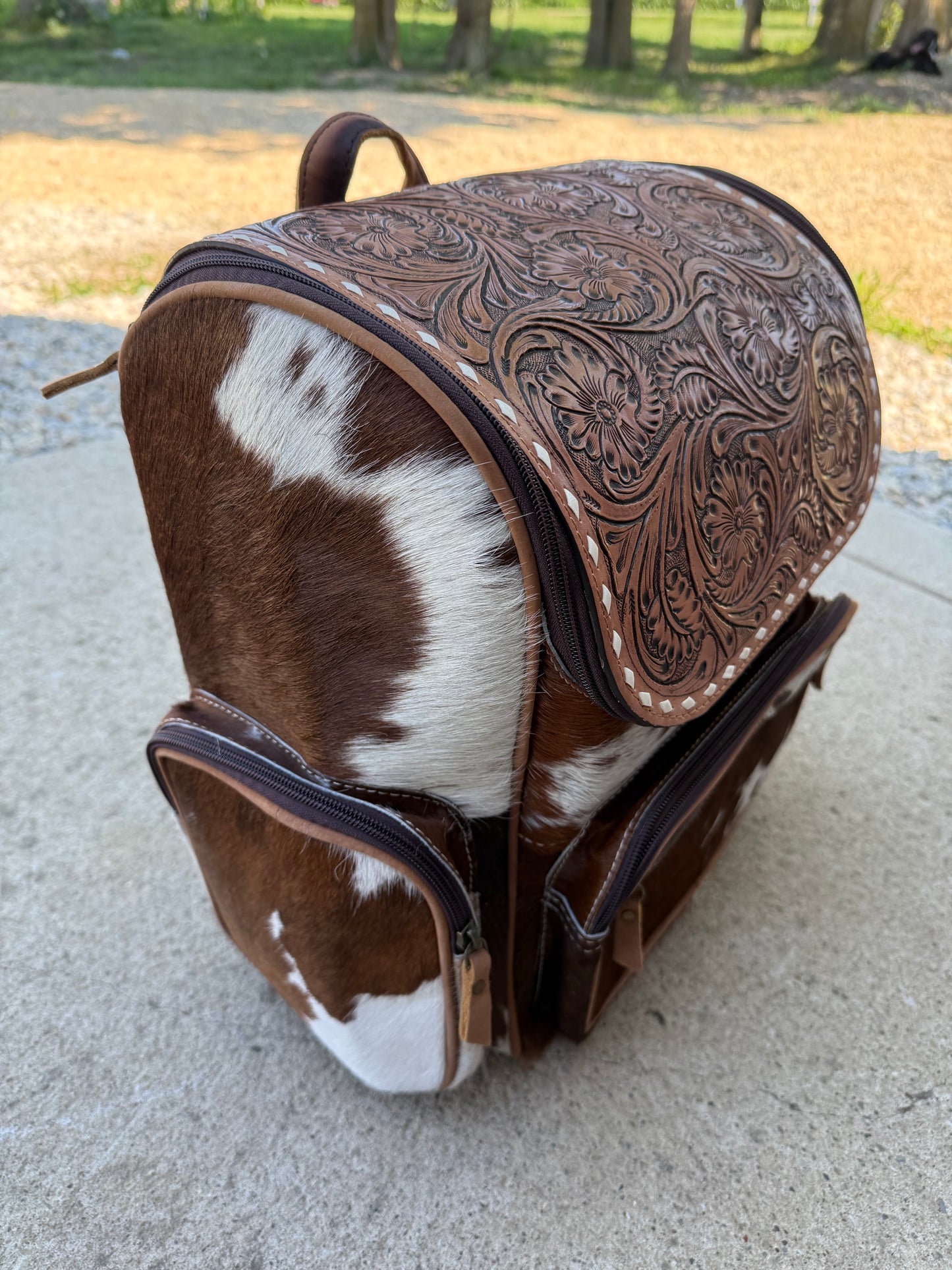 Tooled Leather Spotted Brown Cowhide Rustic Leather Backpack / Diaper Bag