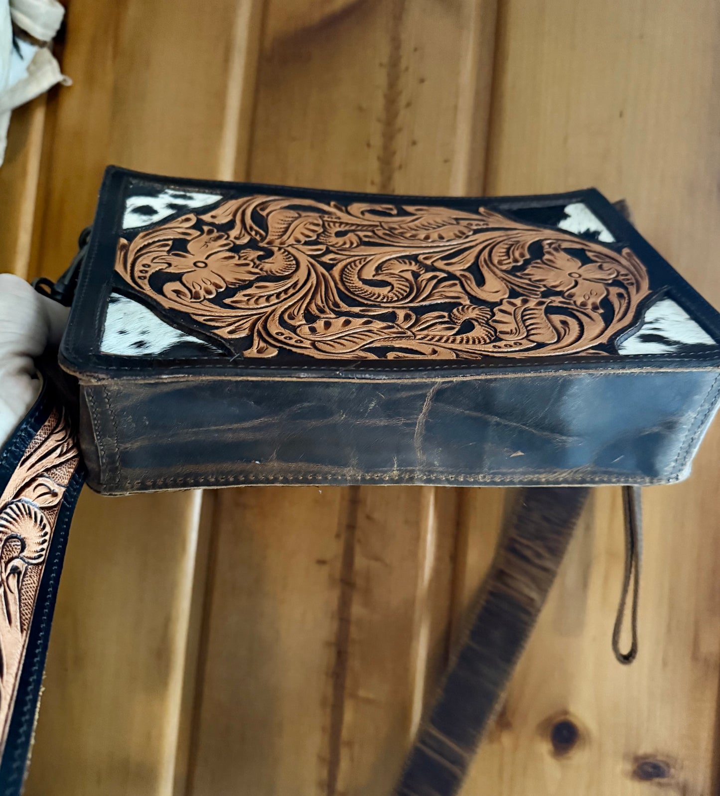 Genuine Cowhide Crossbody / Wristlet Tooled Leather Bag