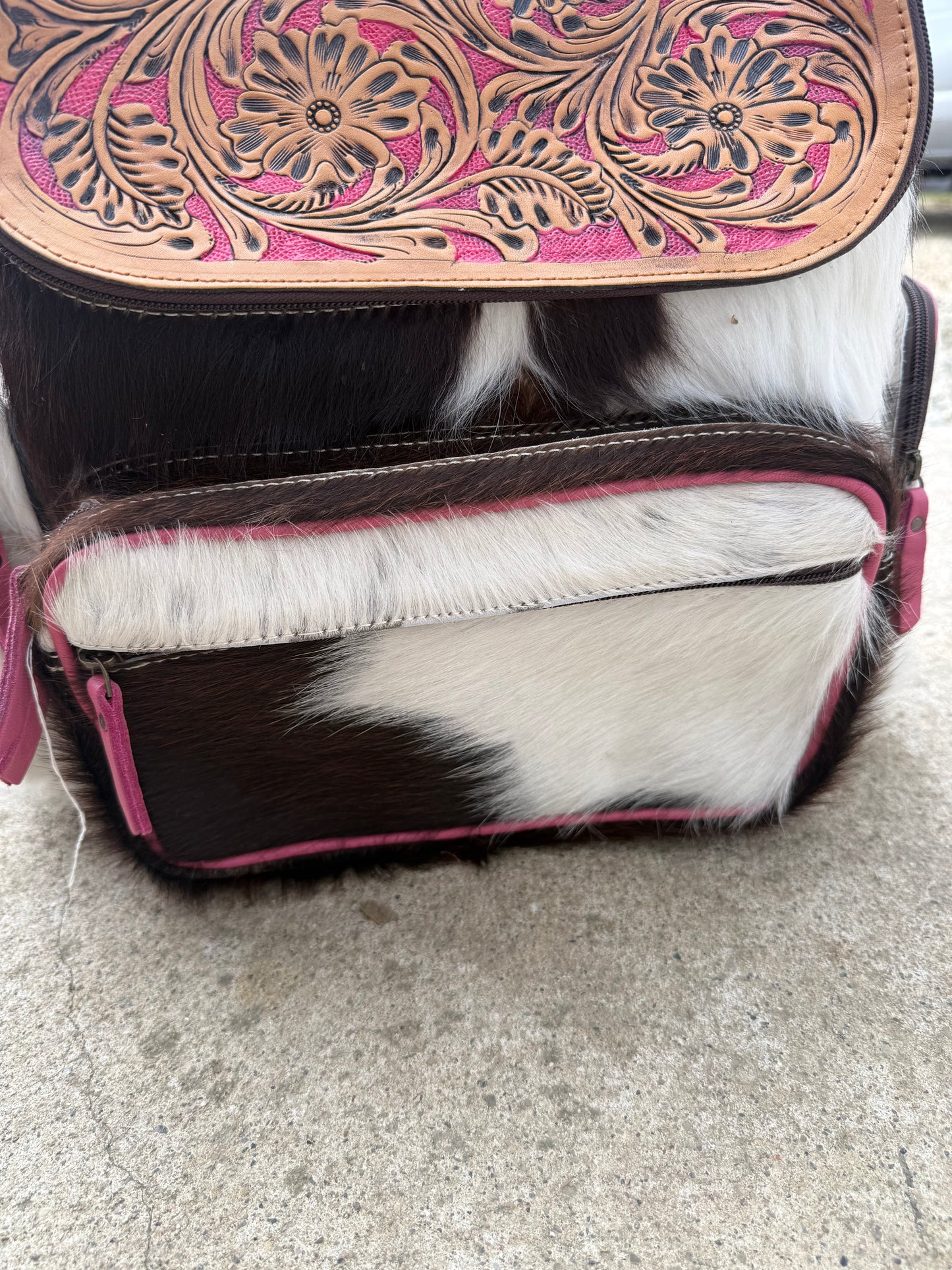 Pink Accent Tooled Leather Black Cowhide Backpack / Diaper Bag