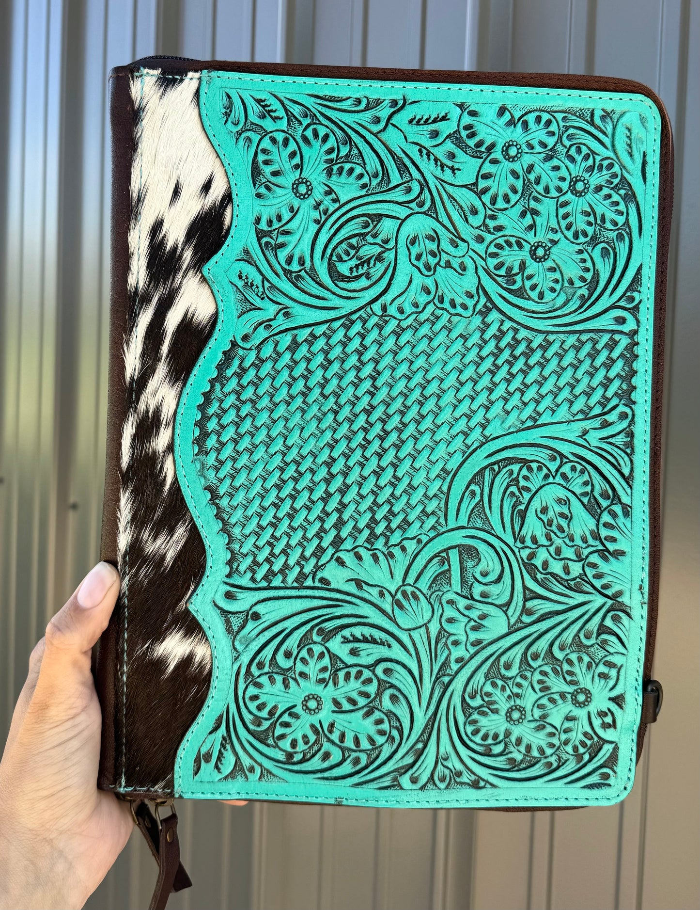 Turquoise Tooled Leather Binder Planner Tooled Leather Cowhide with Crossbody Strap