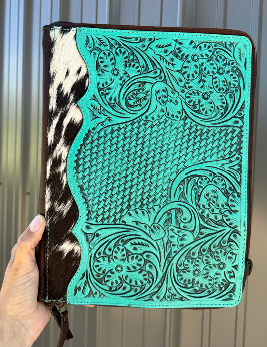 Turquoise Tooled Leather Binder Planner Tooled Leather Cowhide with Crossbody Strap