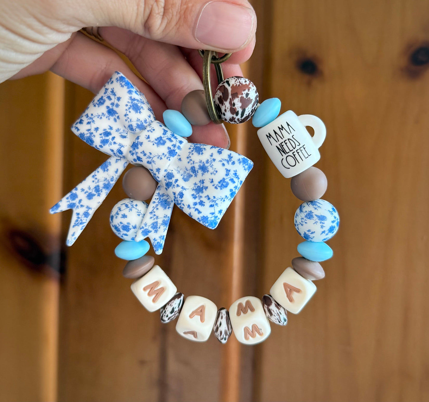 Dainty Blue Floral Brown Cowhide Mama Needs Coffee Wristlet