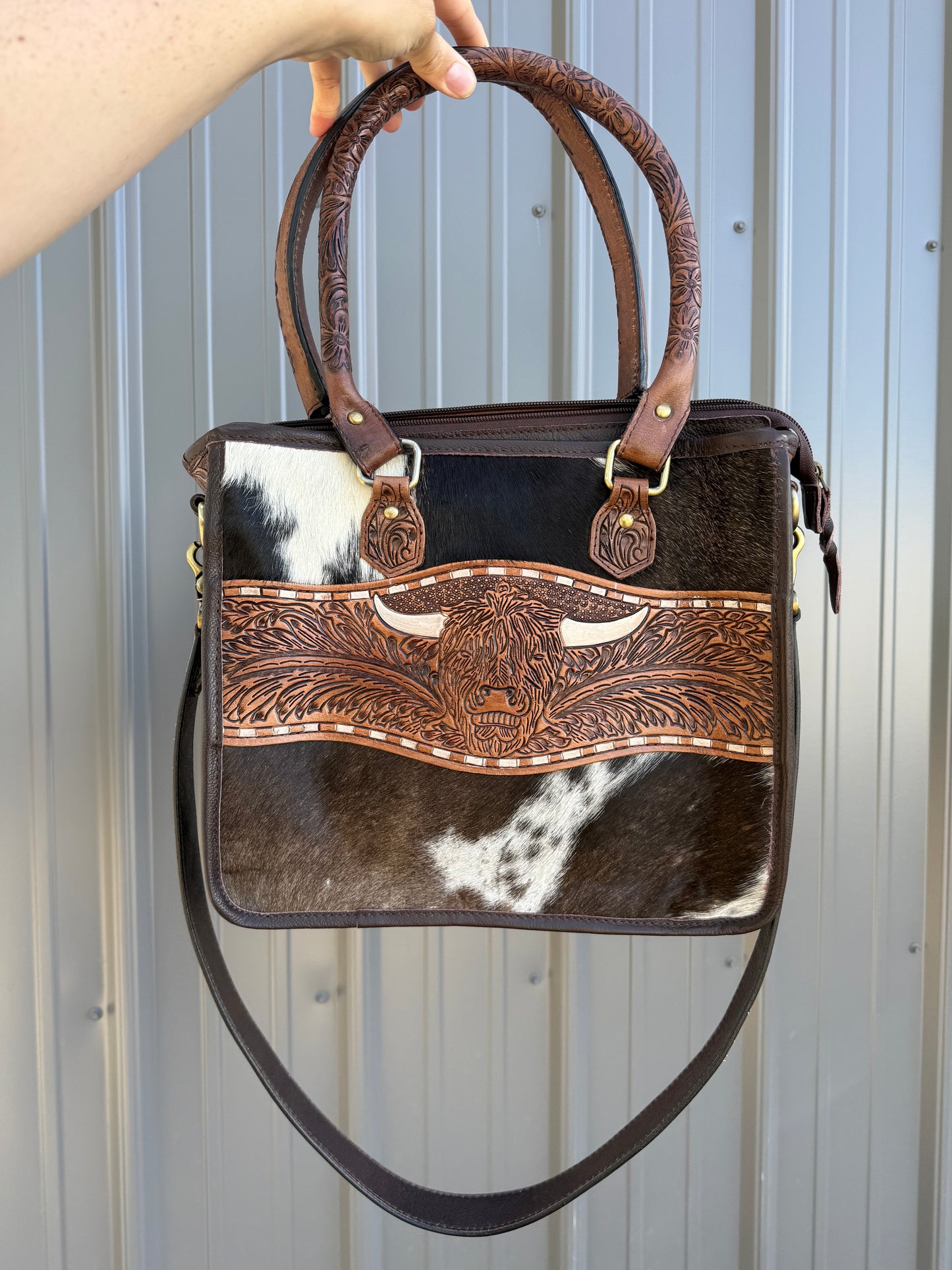 Brown Tooled Genuine Cowhide Highland Cow Purse with Crossbody
