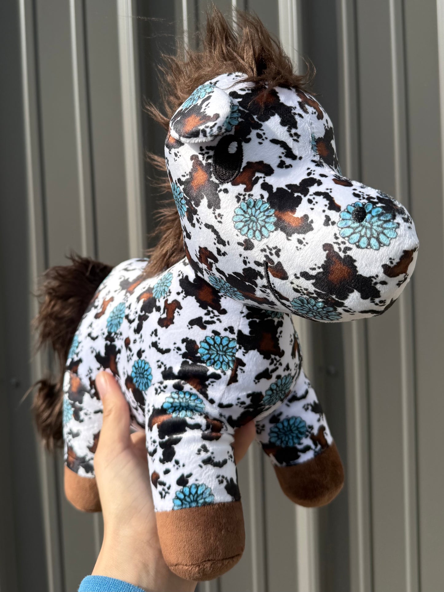 Medium Brown Cowhide Turquoise Concho Horse Plushie