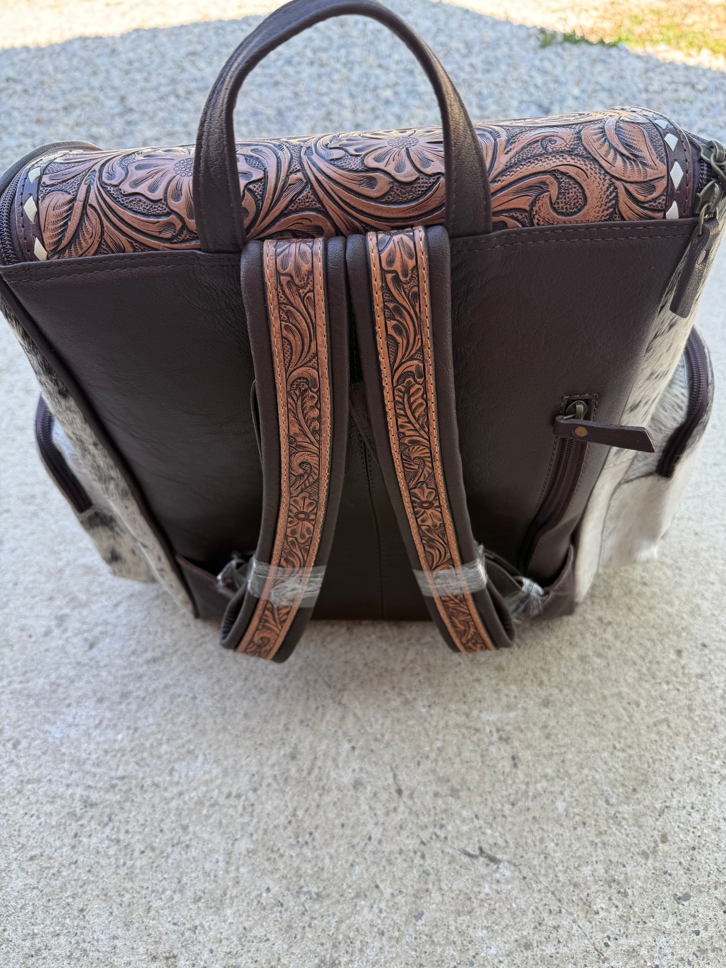 Tooled Leather Dark Brown Speckled Cowhide Backpack / Diaper Bag