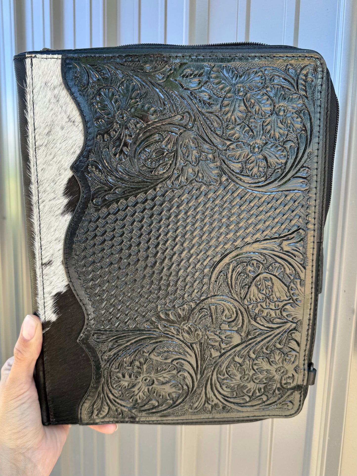 Black Tooled Leather Binder Planner Tooled Leather Cowhide with Crossbody Strap