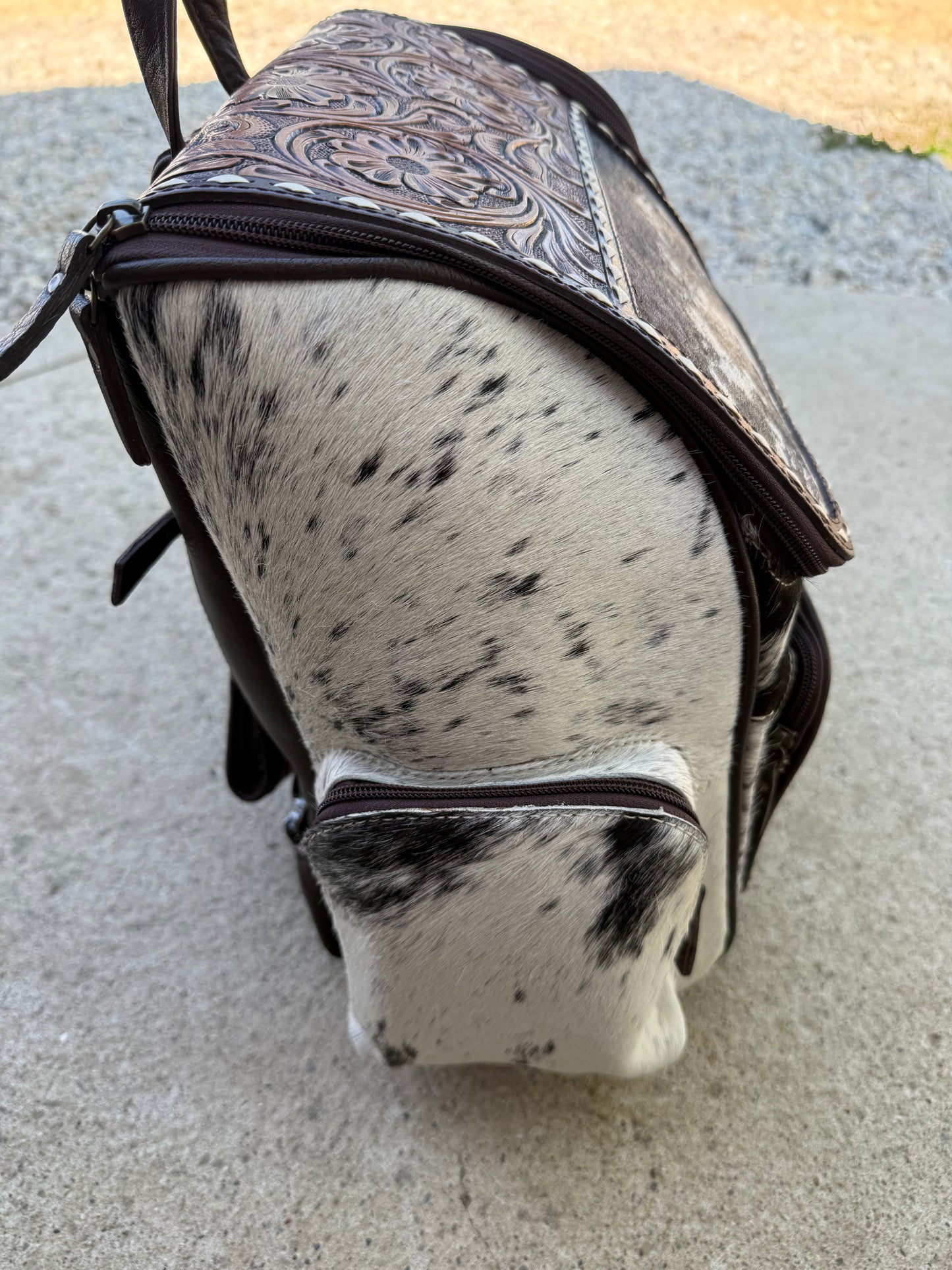 Tooled Leather Dark Brown Speckled Cowhide Backpack / Diaper Bag