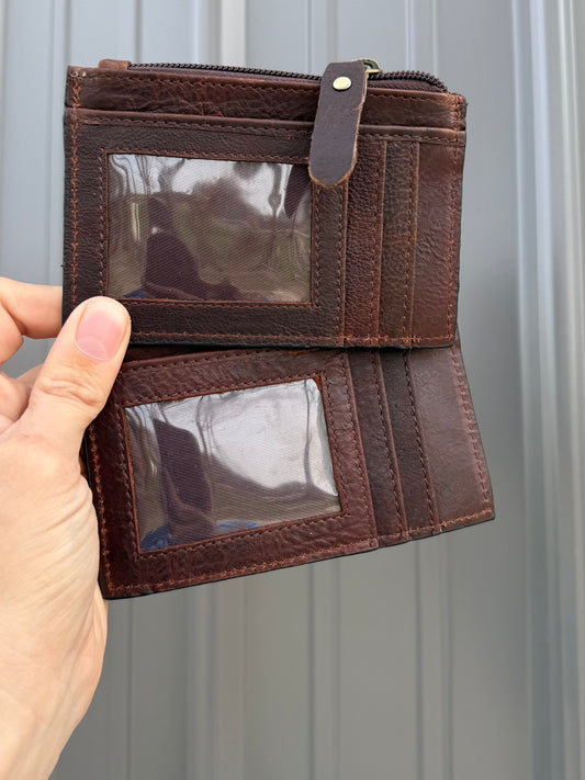 Tooled Leather Cowhide Zipper Pouch with Card Slots