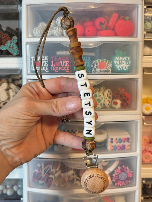 Green Camo Duck Call Custom Name White Letters Pacifier Holder