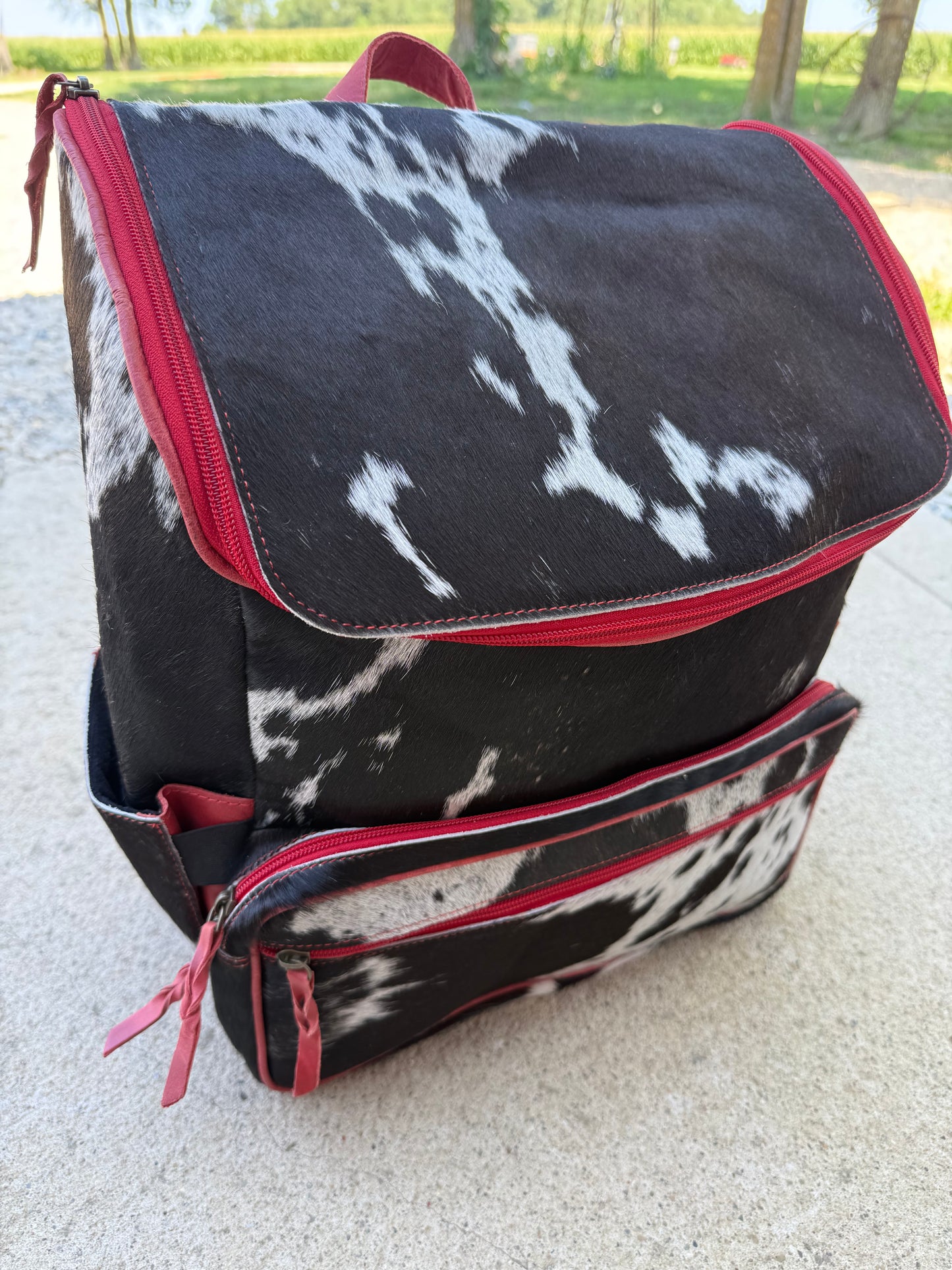 Red Leather Black Cowhide Backpack / Diaper Bag