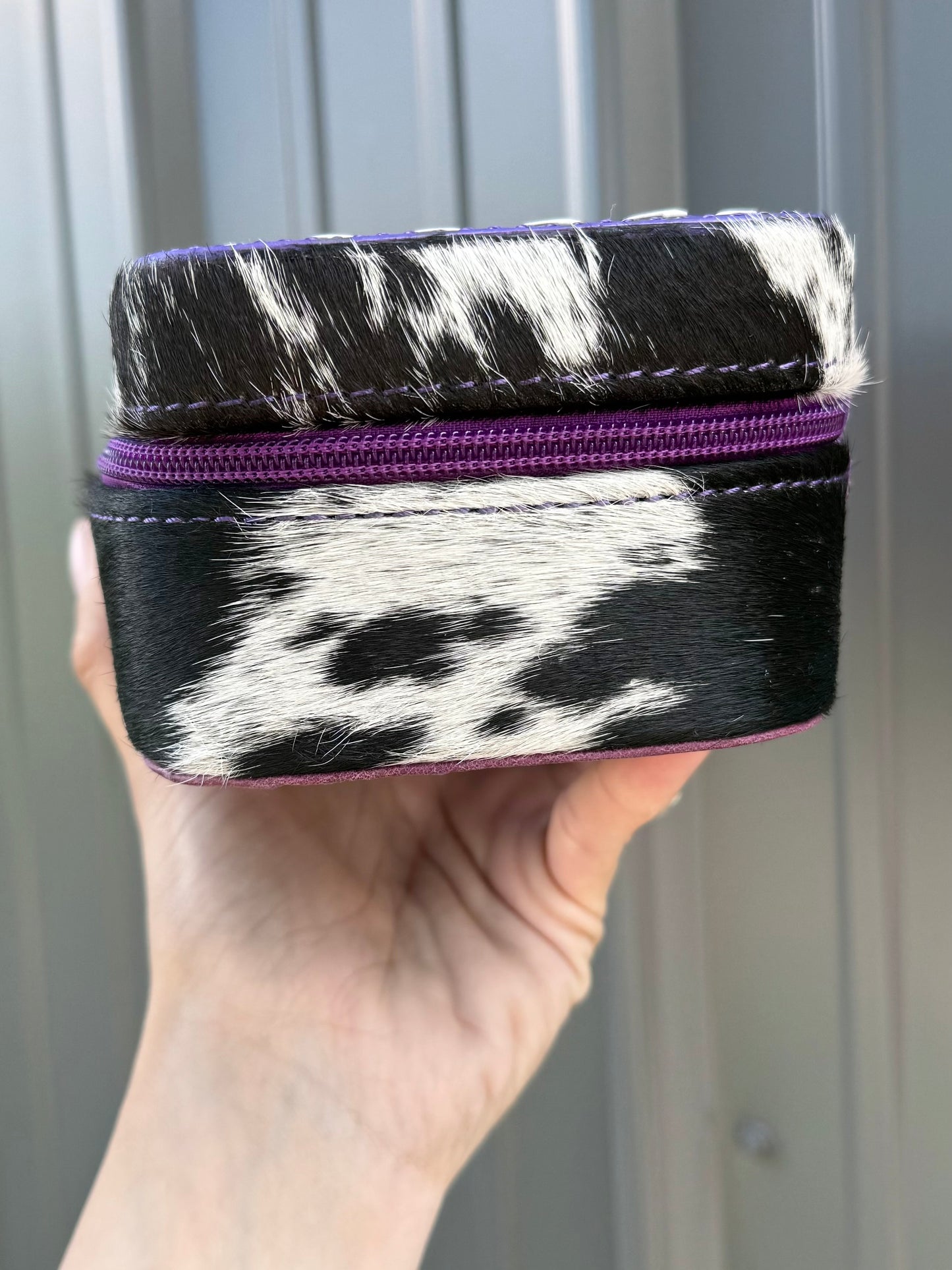 Tooled Purple Floral Spotted Cowhide Rectangle Jewelry Zipper Box