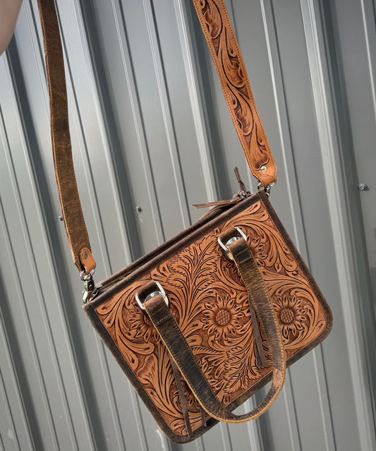 Tooled Genuine Cowhide Purse with Crossbody