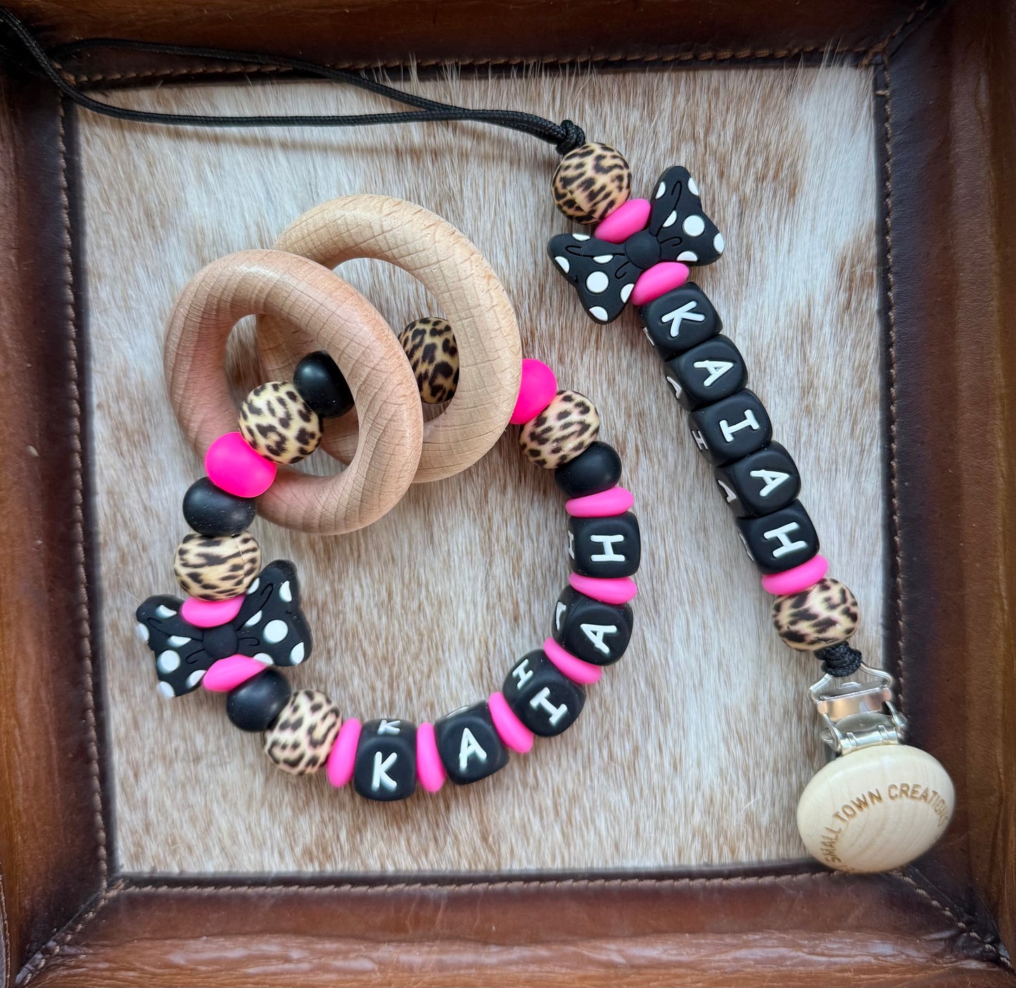 Cheetah Custom Name Black Bow Teether Set