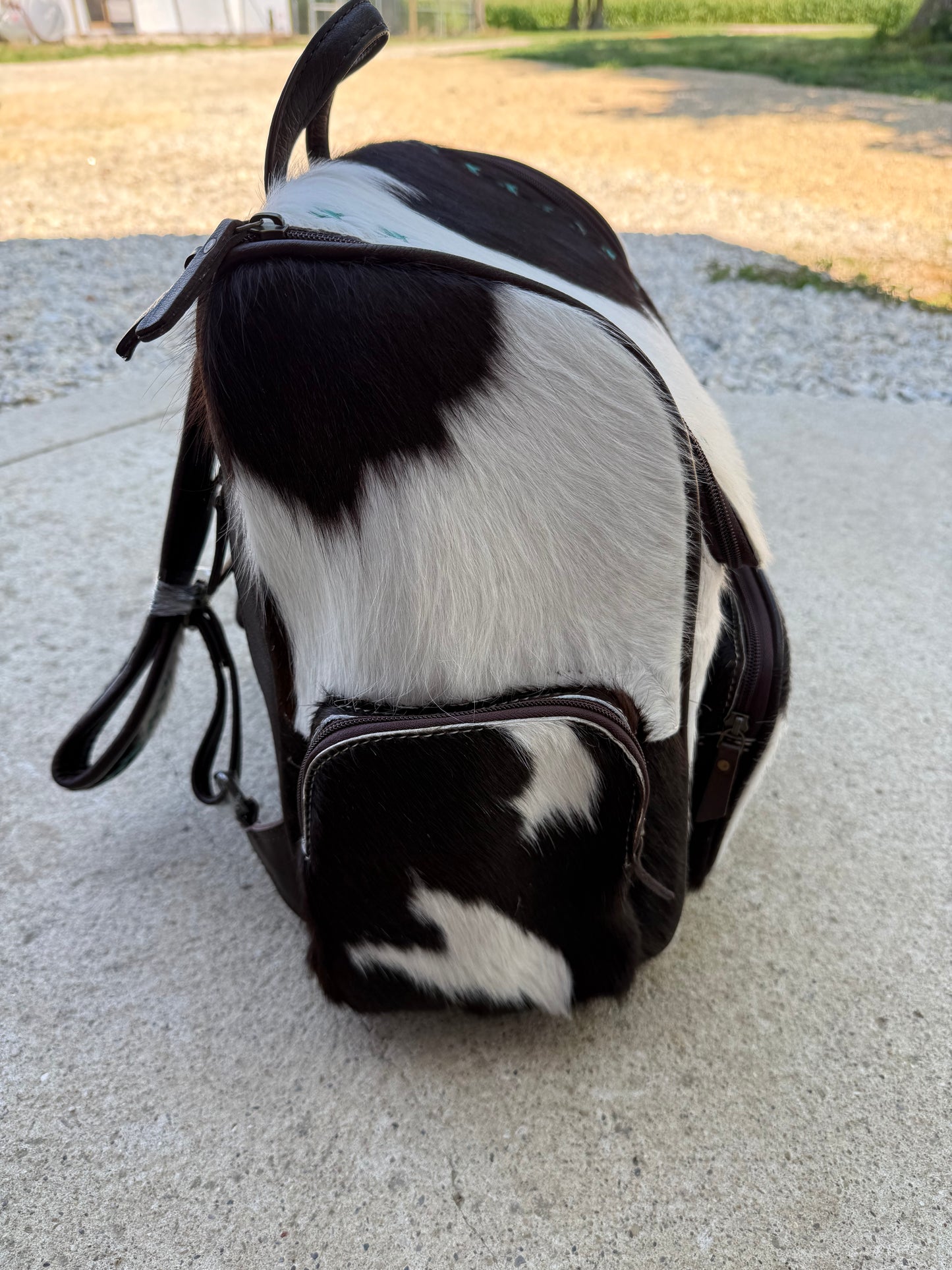 Black & White Cowhide Turquoise Stitching Backpack / Diaper Bag
