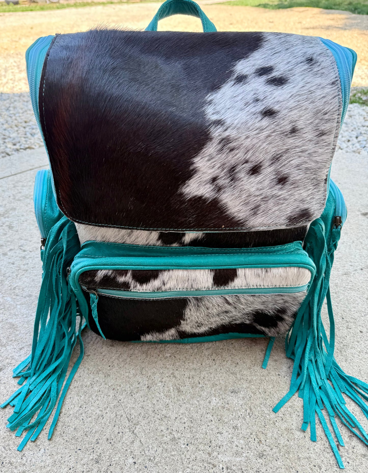Turquoise Leather Fringe Cowhide Backpack / Diaper Bag