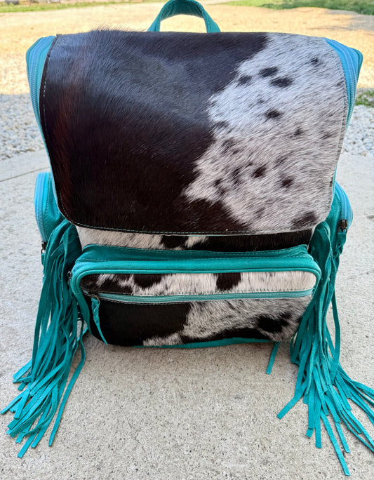 Turquoise Leather Fringe Cowhide Backpack / Diaper Bag