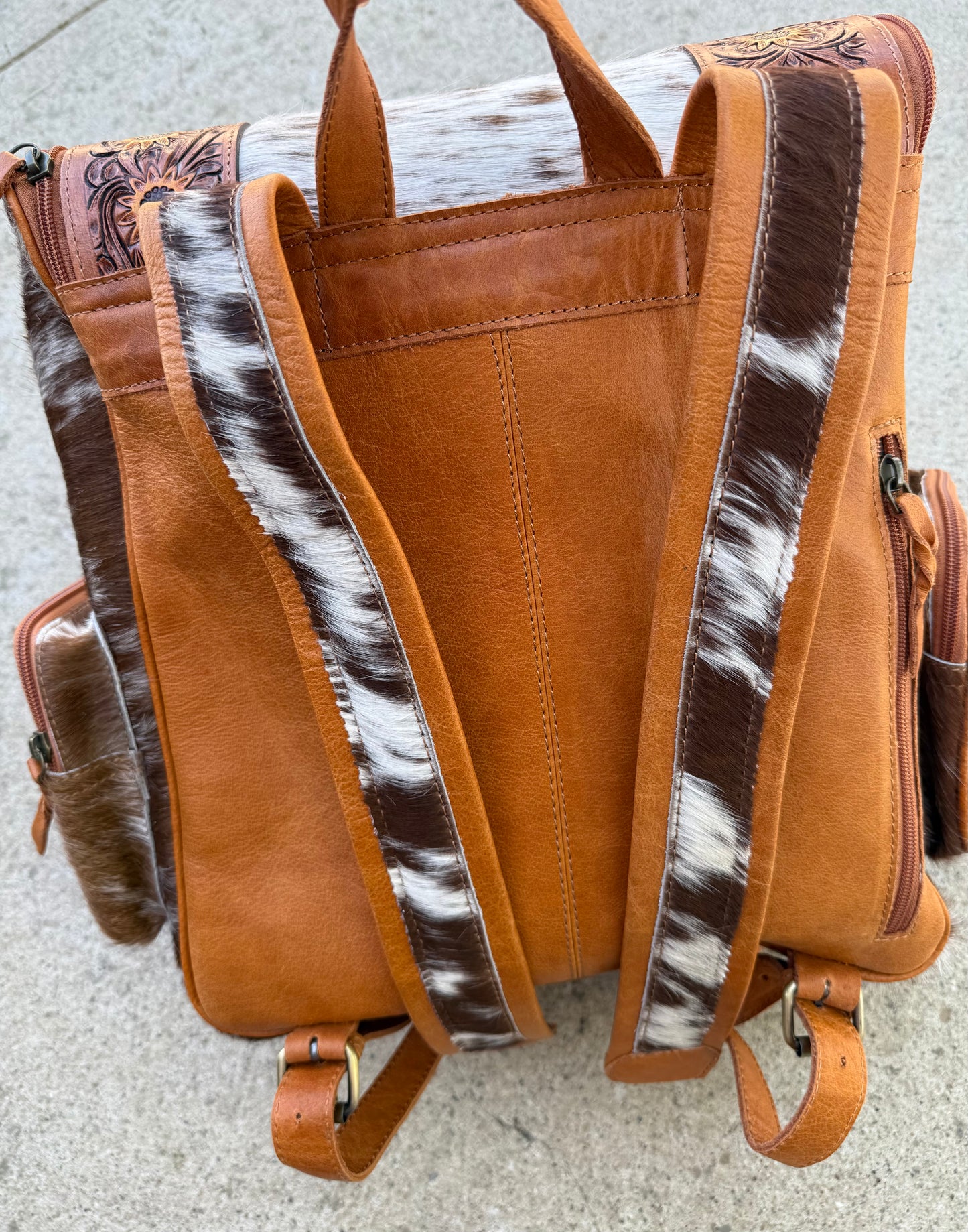 Sunflower Highland Cow Tooled Leather Brown Cowhide Backpack / Diaper Bag