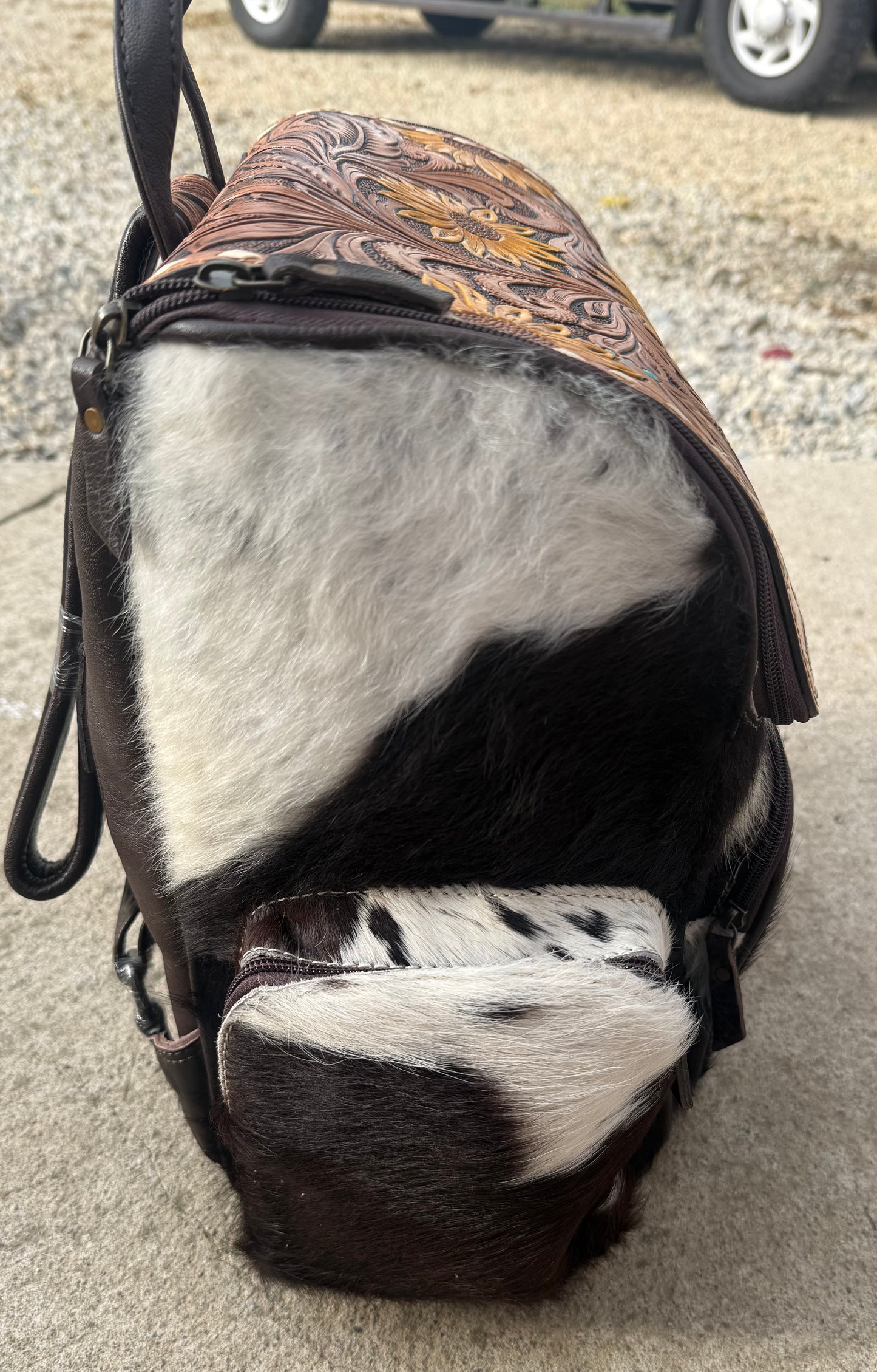 Tooled Leather Black Cowhide Yellow Sunflower with Turquoise Backpack / Diaper Bag
