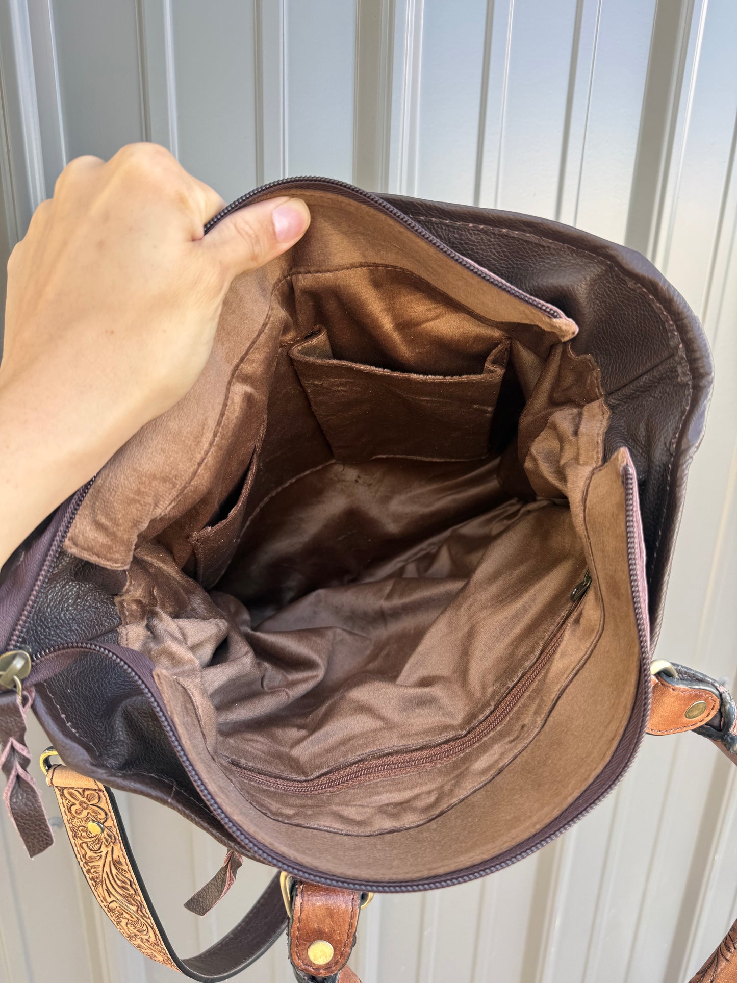 Brown Tooled Genuine Cowhide Highland Cow Purse with Crossbody