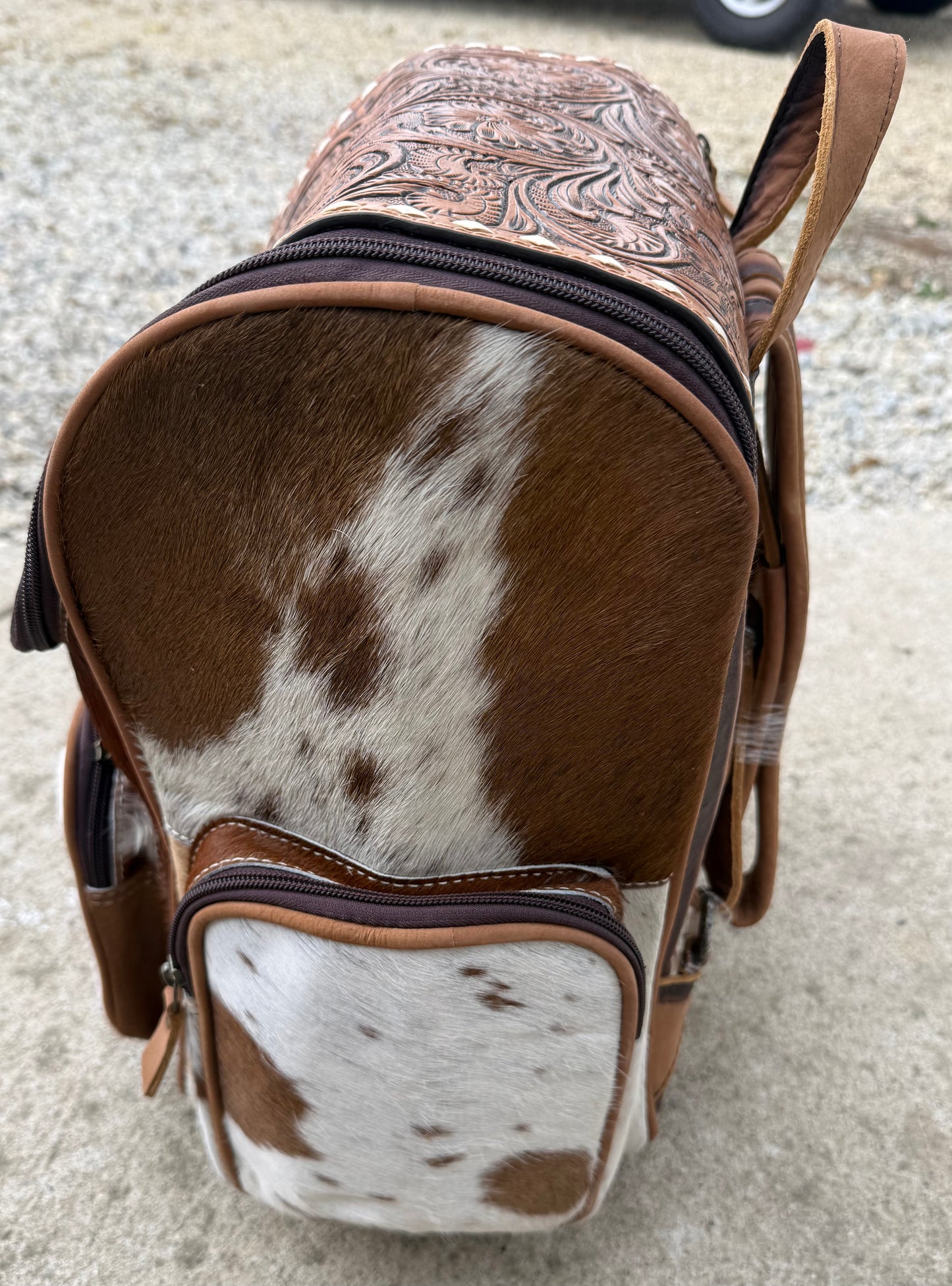Tooled Leather Brown Cowhide Backpack / Diaper Bag