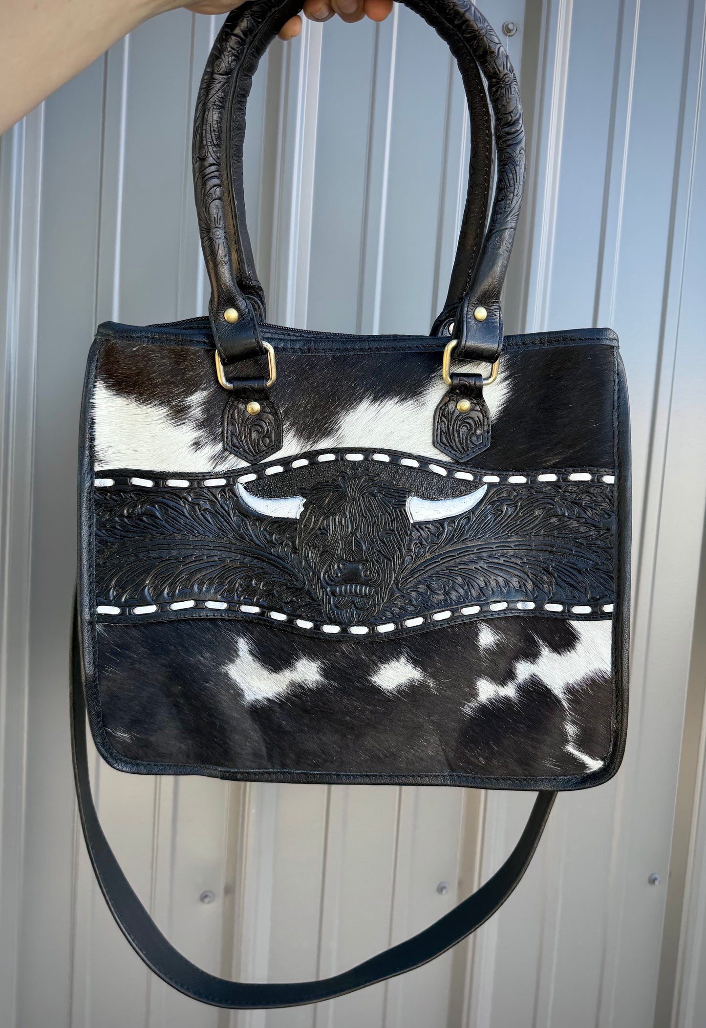 Black Tooled Genuine Cowhide Highland Cow Purse with Crossbody