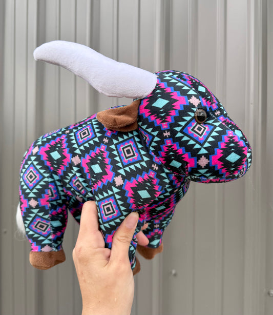 Medium Plushie Pink Turquoise Black Aztec Long Horn