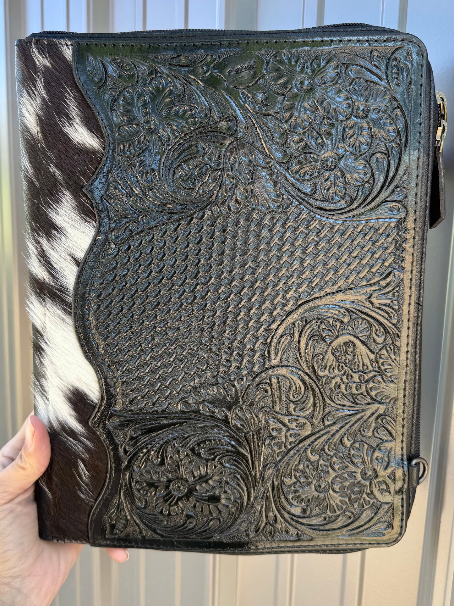 Black Tooled Leather Binder Planner Tooled Leather Cowhide with Crossbody Strap