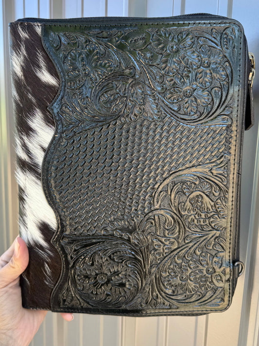 Black Tooled Leather Binder Planner Tooled Leather Cowhide with Crossbody Strap