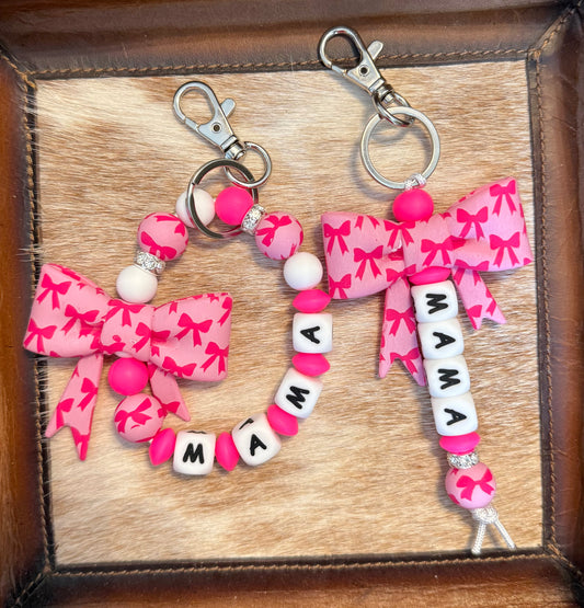 Mama Pink Big Ribbon Bow Custom Name Keychain Set