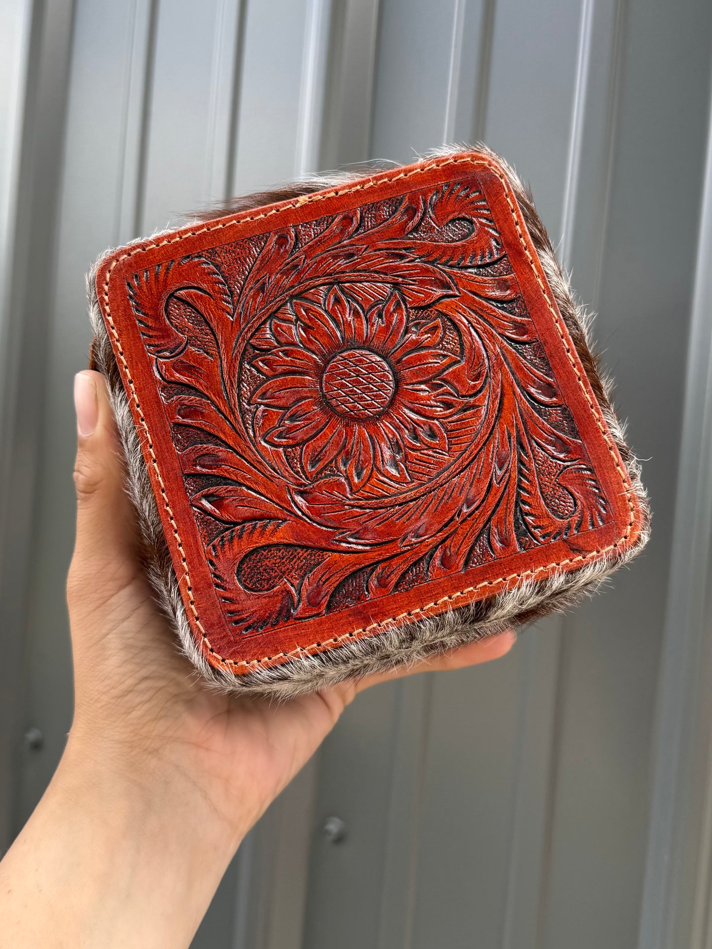 Rust Brown Red Tooled Top Brown Speckled Cowhide Square Jewelry Zipper Box
