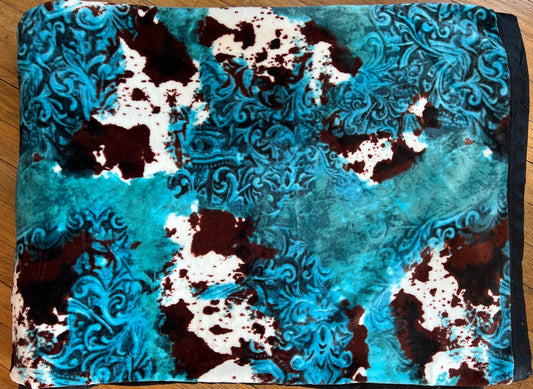 King Size Brown Cowhide Tooled Turquoise Leather Super Plush Blanket