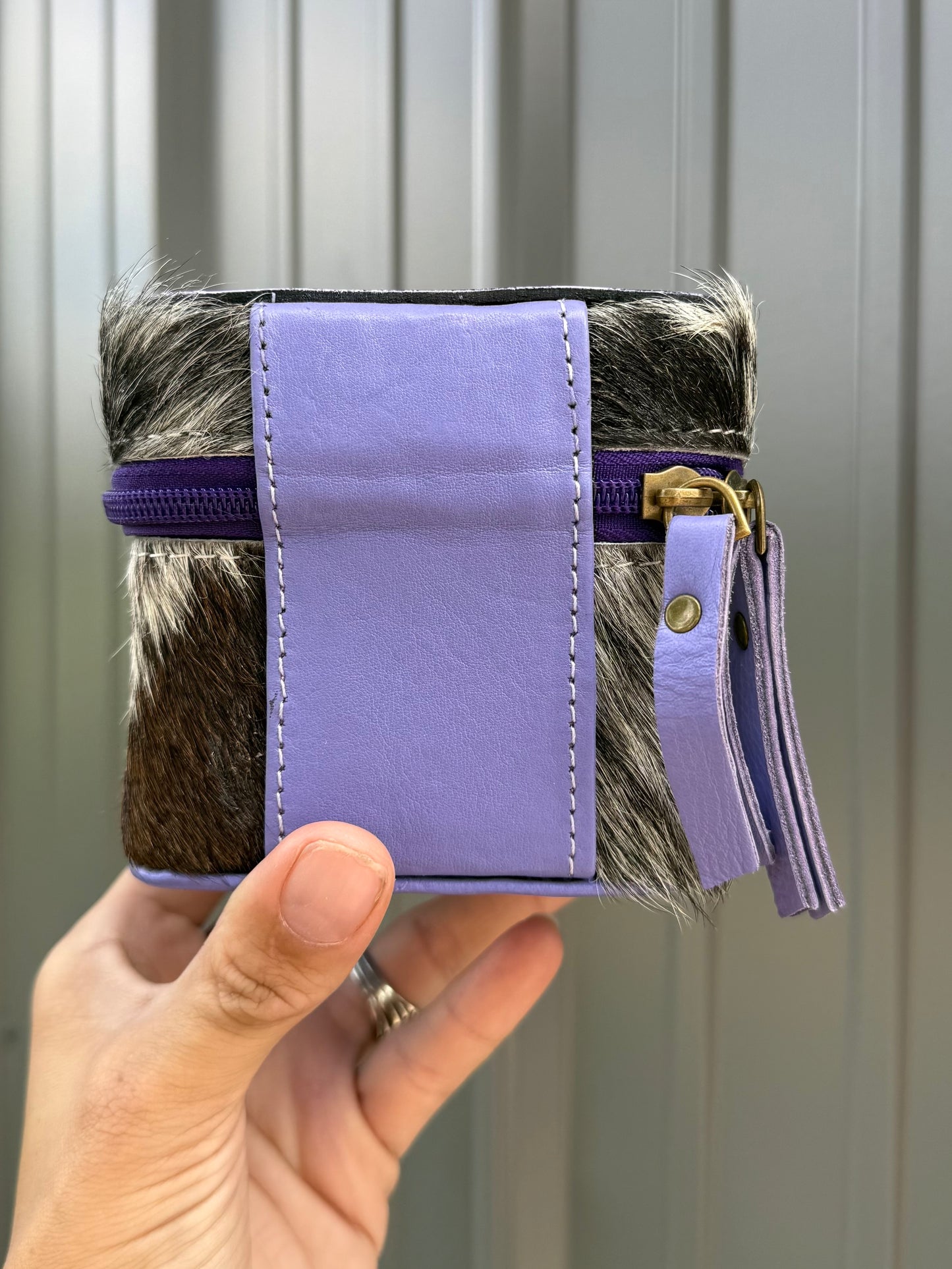 Lavender Purple Tooled Top Speckled Cowhide Square Jewelry Zipper Box