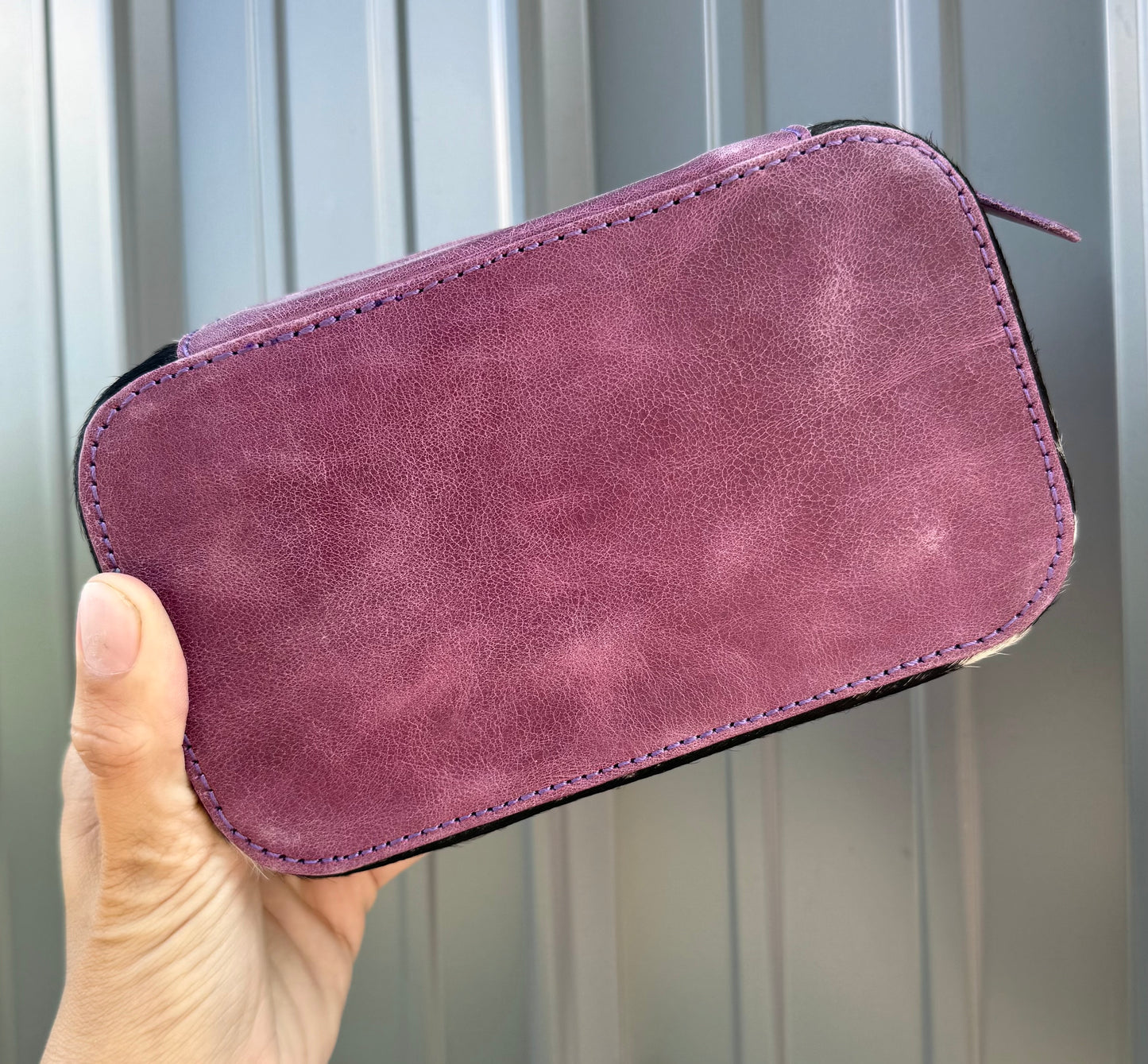 Tooled Purple Floral Spotted Cowhide Rectangle Jewelry Zipper Box