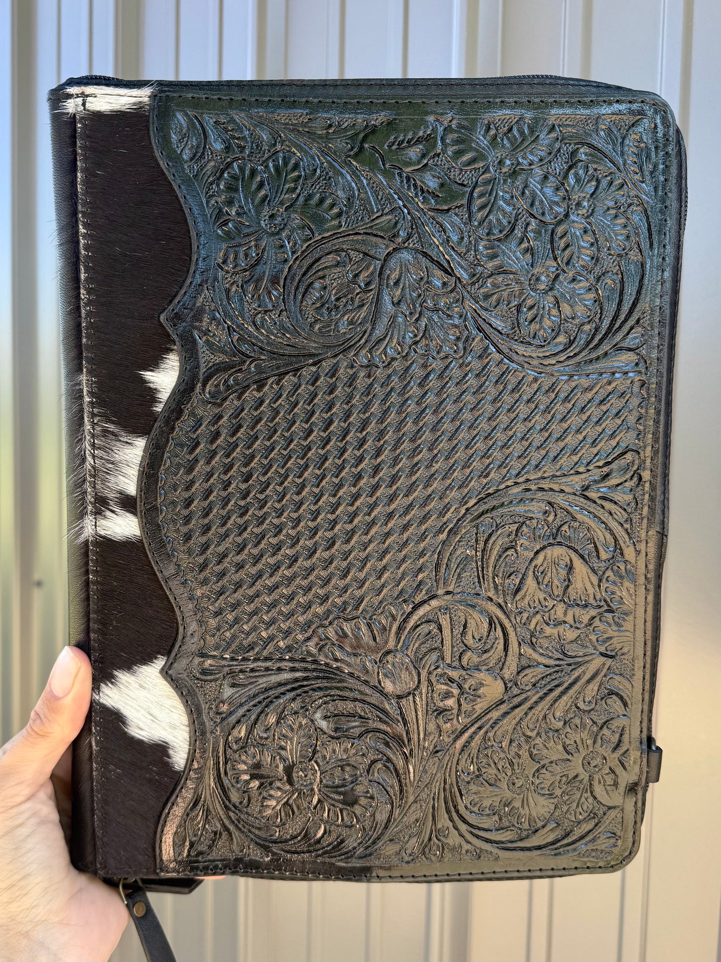 Black Tooled Leather Binder Planner Tooled Leather Cowhide with Crossbody Strap
