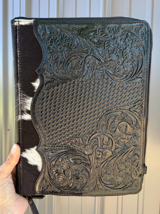 Black Tooled Leather Binder Planner Tooled Leather Cowhide with Crossbody Strap