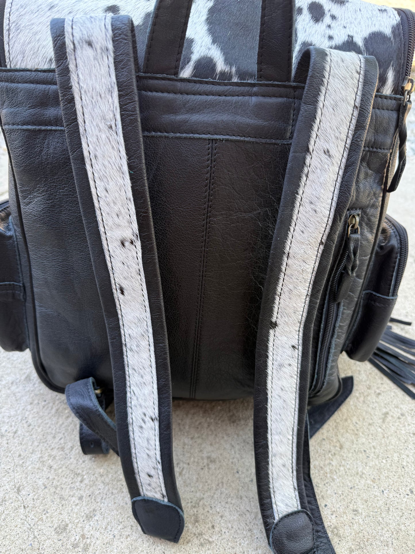 Black Leather Fringe Cowhide Backpack / Diaper Bag