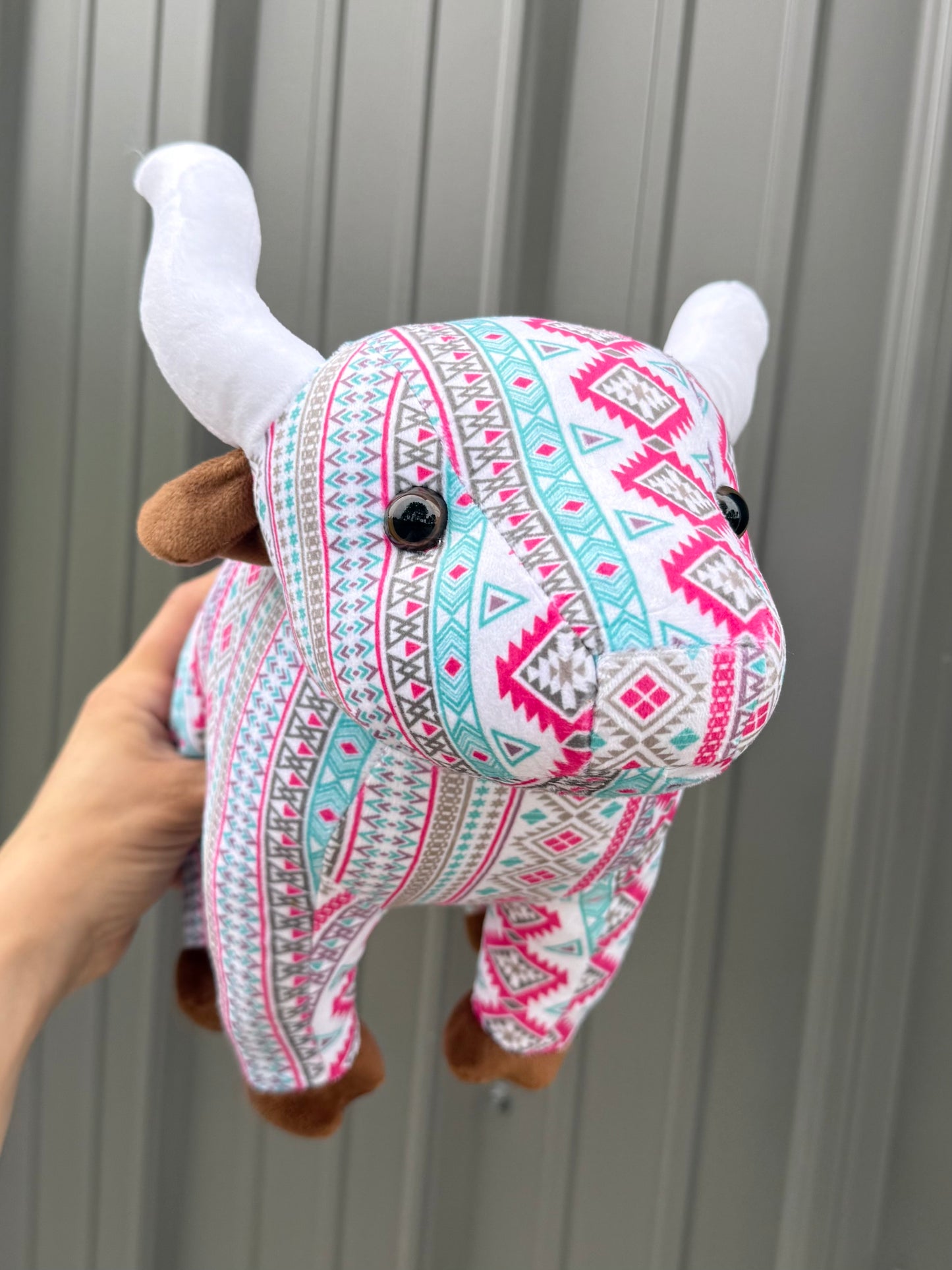 Pink Turquoise Aztec Long Horn Cow Plushie