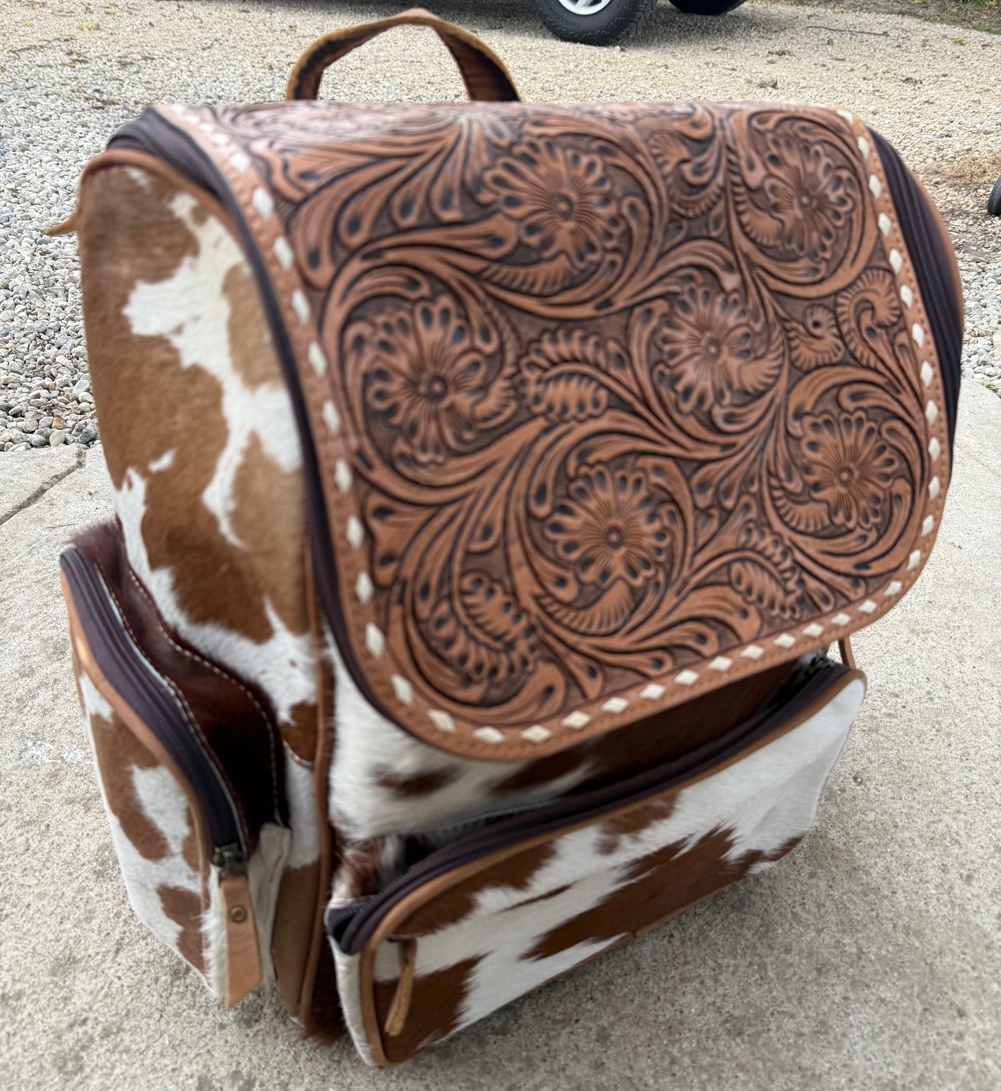 Tooled Leather Brown Cowhide Backpack / Diaper Bag