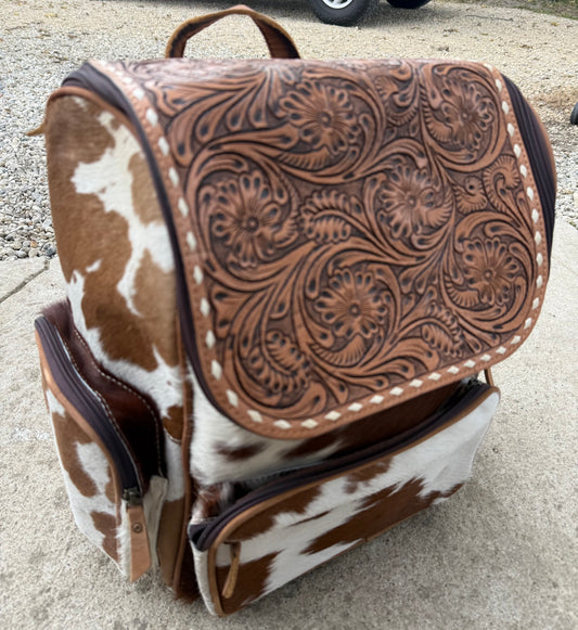 Tooled Leather Brown Cowhide Backpack / Diaper Bag