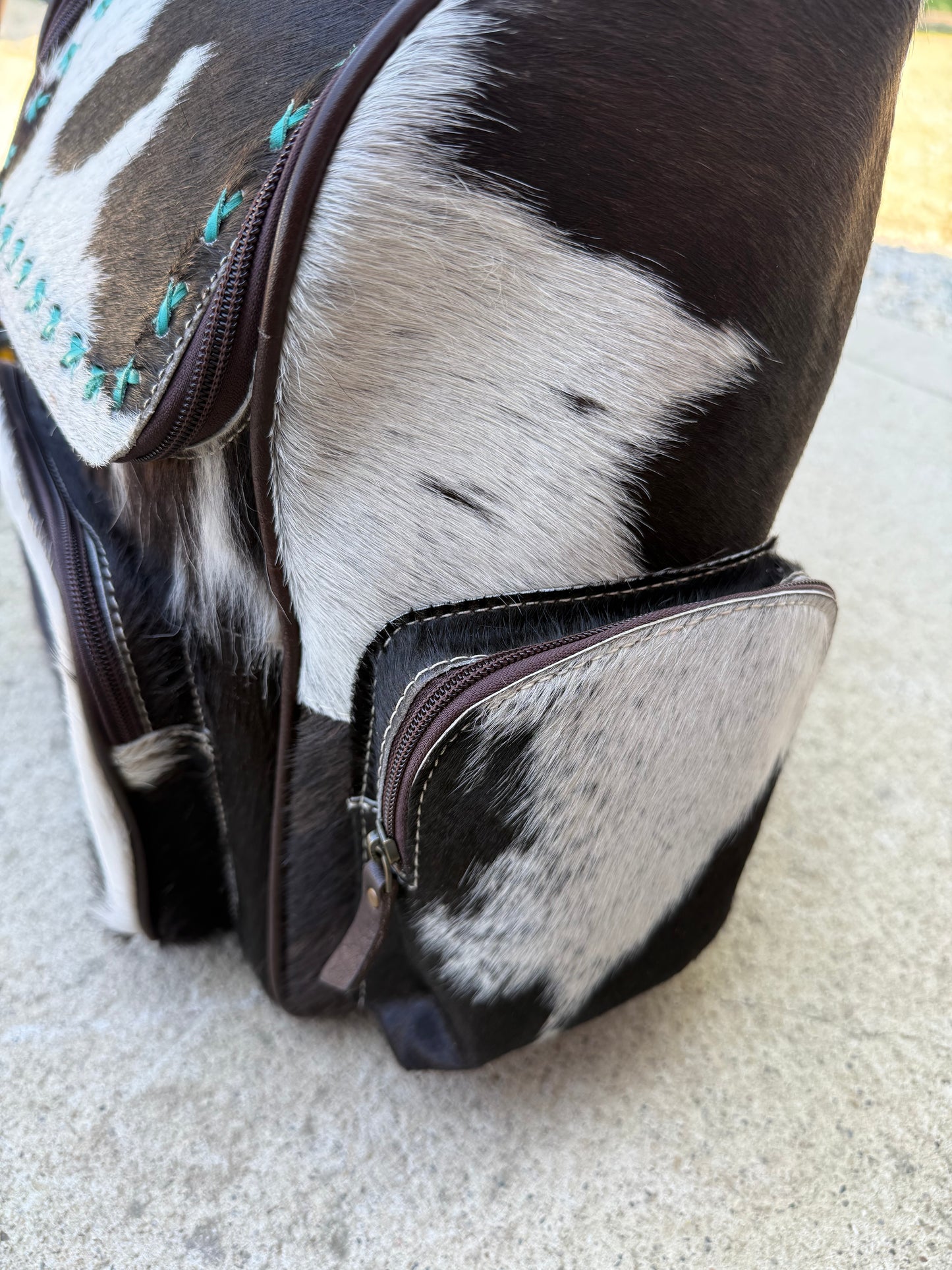 Black & White Cowhide Turquoise Stitching Backpack / Diaper Bag