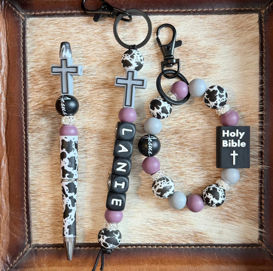 Plum Cowhide Jesus Cross