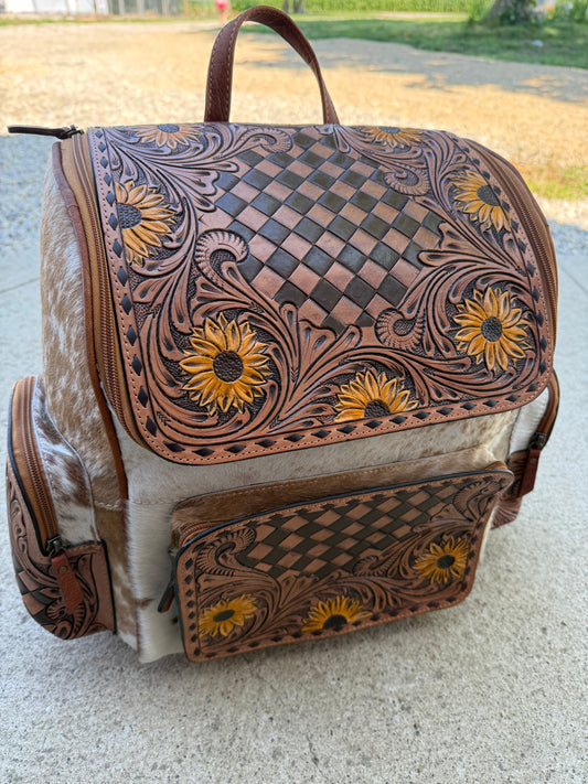 Sunflower Checkered Tooled Leather Brown Cowhide Backpack / Diaper Bag